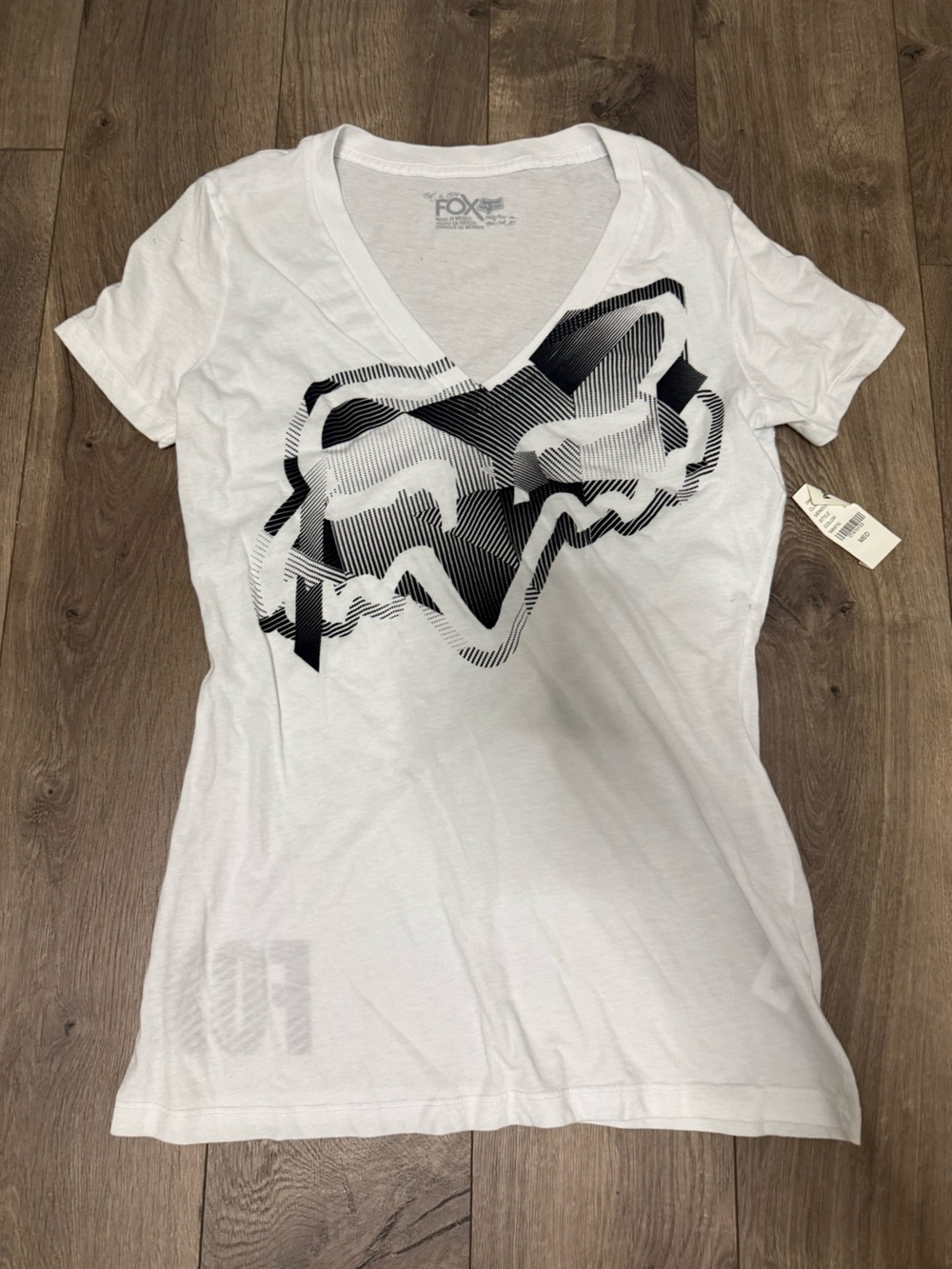 Fox White V-Neck Tee with Black Striped Logo